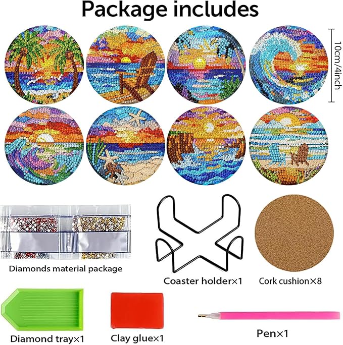 8 PCS Diamond Art Coasters Kits Sunset Beach Diamond Painting Coaster | Diamond