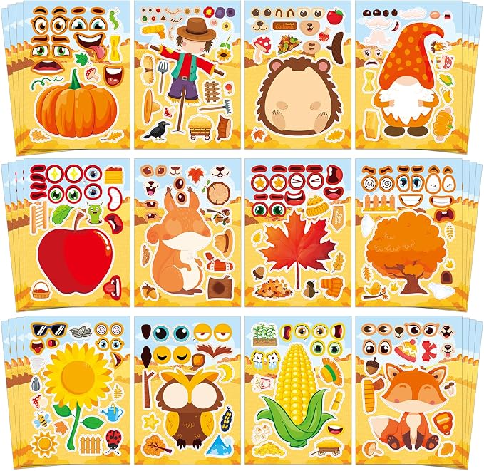 Aowplc 48 Sheets Fall Make a Face Stickers, 12 Designs Fun Fall Crafts