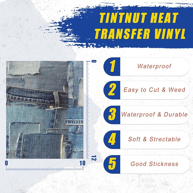 Tintnut Denim Pattern Heat Transfer Vinyl, easy cut & weed, stretch washable