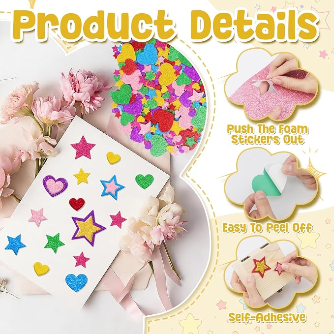 Foam Stickers, 7 Sheets 3D Glitter Foam Heart Stickers