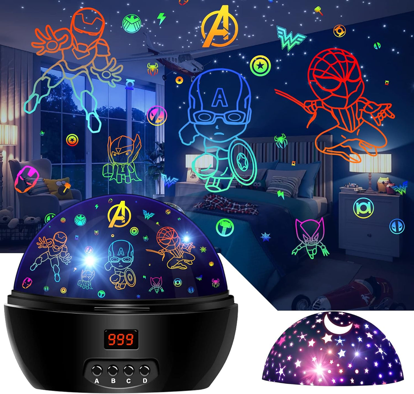 Kid Light Projector Superhero Toys for Boys 5-7 Avengers Night Light Projector with Timer for Kids Room, 360 Degree Rotation Toddler Nightlights with Spiderman Figurine Star Lamps