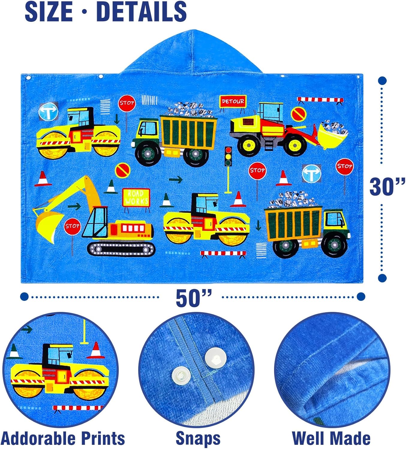 Kids Hooded Bath Towel-Soft Thick 100% Cotton Hooded Beach Towel for Kids 3-10 Years,Absorbent Fast-Drying Cute Toddler Bath & Swim Towel,for Boys & Girls,30"x50"(Construction Blue)