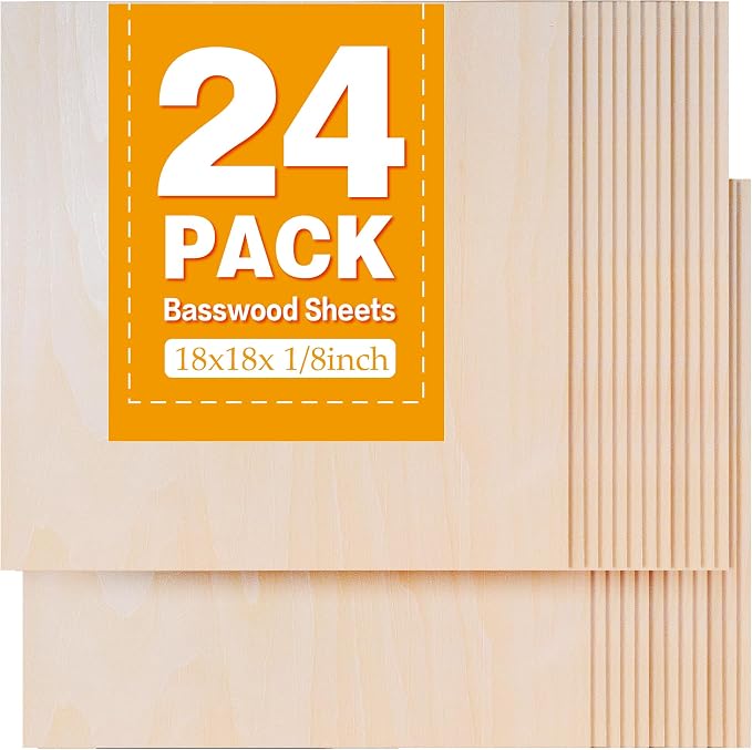 24Pack Basswood Sheets 18"x18"x1/8", 3mm Basswood