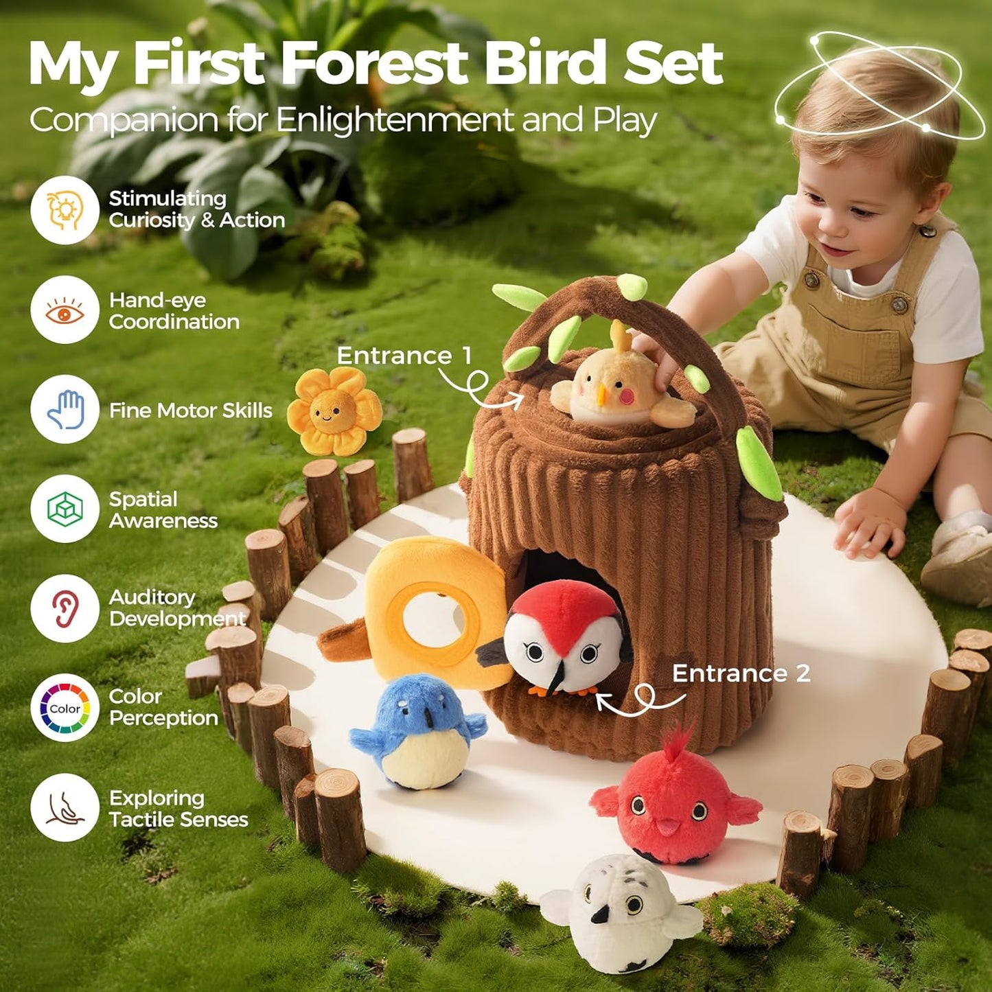 Evoceler Surprise Tree Stump with Birds, Rattle, Crinkle Paper,Squeaker & Mirror | Soft Montessori Toys for 6 Month Old Babies | Sensory Toddlers 1-3, 1 Year Old Boy Girl Gifts, Baby Toys 6-12 Months