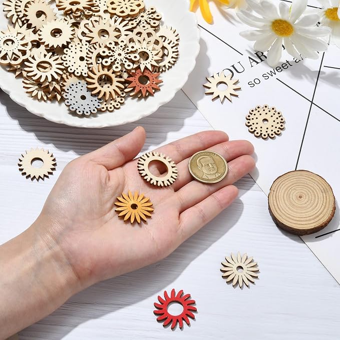 200 pcs Mixed Styles Sunflower Theme Unfinished Wood Cutout Charms Daisy Flower