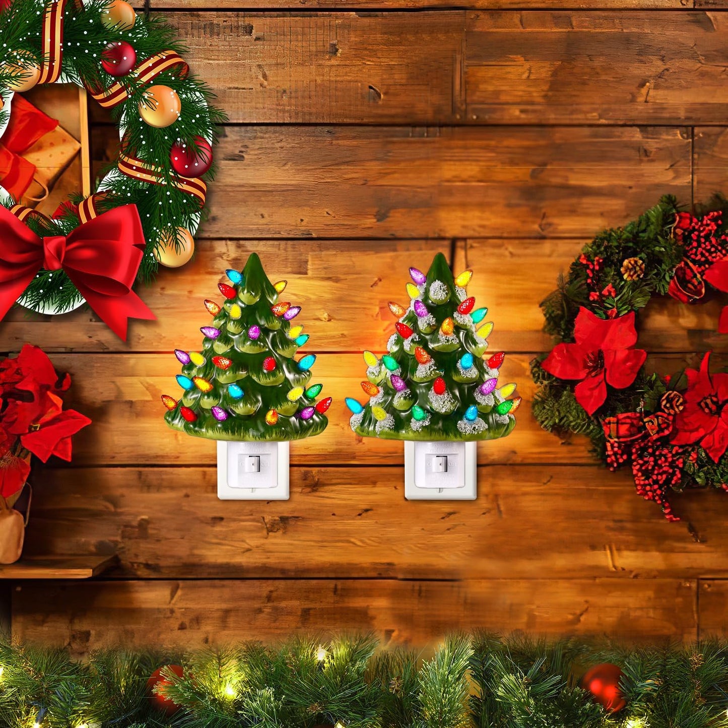 Tfro & Cile Ceramic Christmas Tree Night Light 2 Pack Xmas Decorative Tree Lamp Small Vintage Light Up Bathroom Decor with On/Off Switch for Home Bedroom