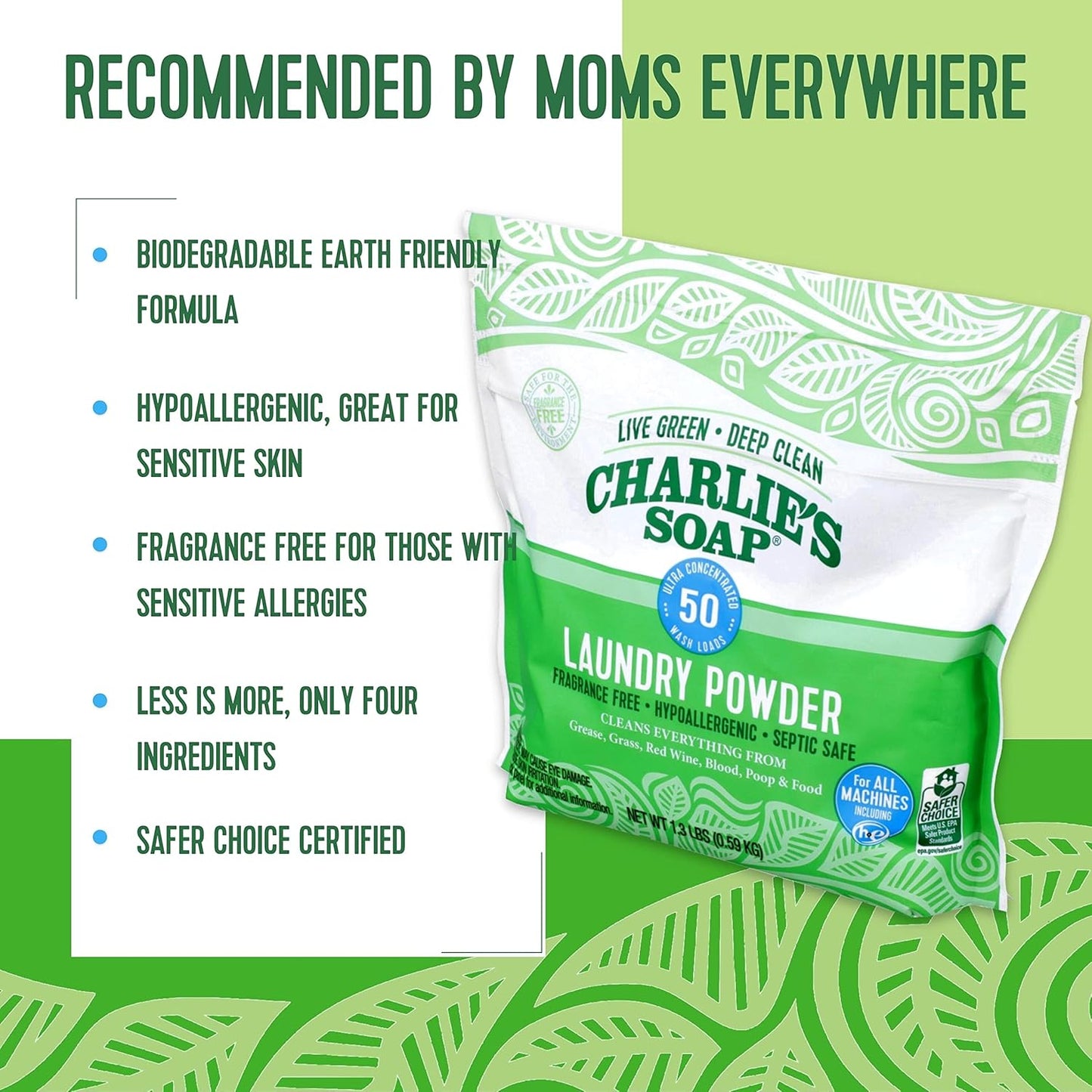 Charlie's Soap - Unscented Laundry Powder 50 Loads (Six 50-load Bags, 300 Total Loads)
