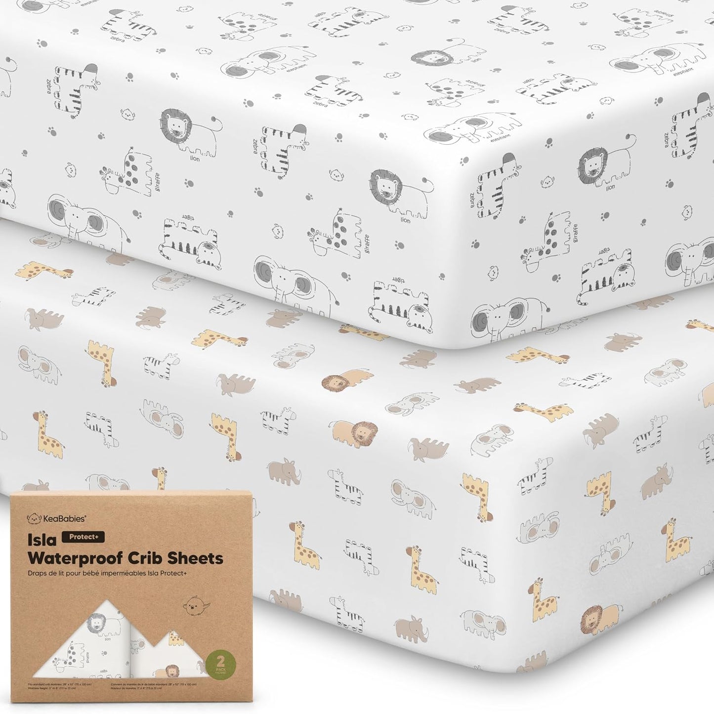 2-Pack Waterproof Baby Crib Sheets for Boys, Girls - 52x28 Viscose Derived from Bamboo Toddler Bed Sheet Neutral, Fitted Crib Mattress Protector Cover for Baby Bedding, Soft & Gentle (KeaSafari)