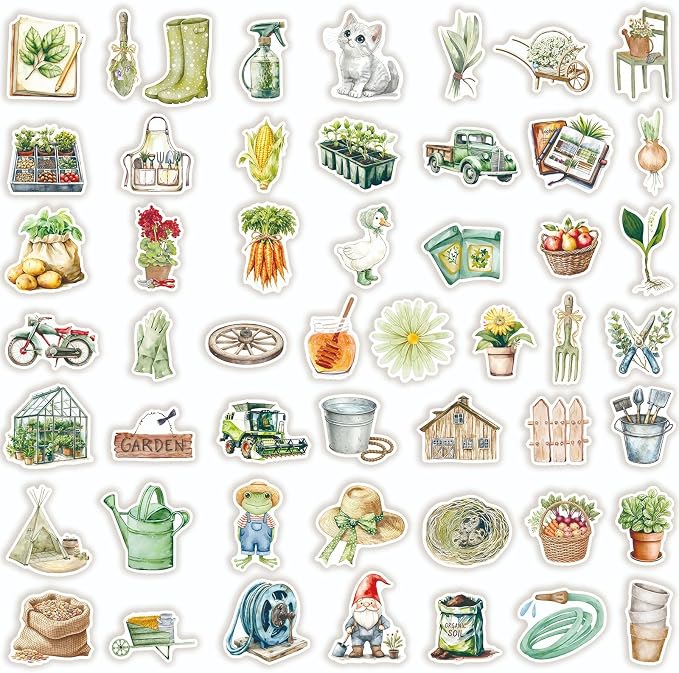50 Pcs Cute Garden Farm Life Stickers, Vintage Plant Gardening Tool Animal