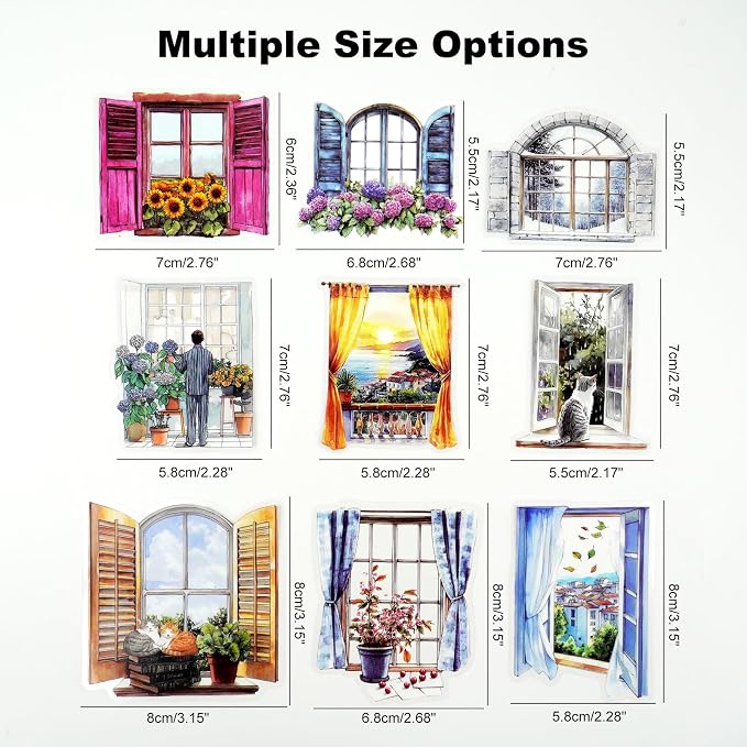 120PCS Watercolor Window PET Stickers – Scenic Views of Cats, Flowers & Cozy