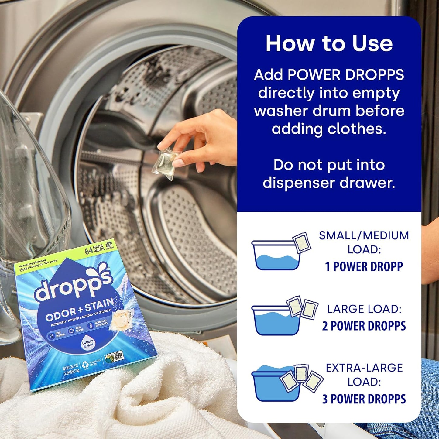 Dropps Odor & Stain Biobased Power Laundry Detergent Pods, Crisp Breeze HE Compatible Laundry Pods for Fresh Clothes - Laundry Soap Supplies & Recyclable Paperboard Packaging