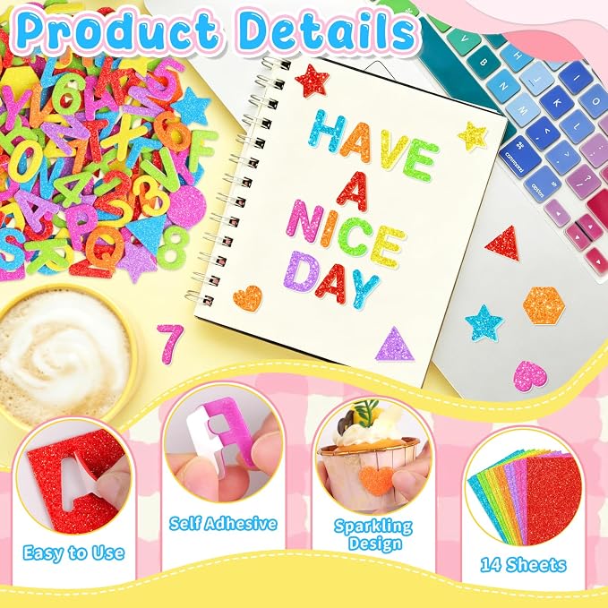 1568 Pcs Foam Letter Stickers Glitter, Self-Adhesive Glitter Alphabet Stickers