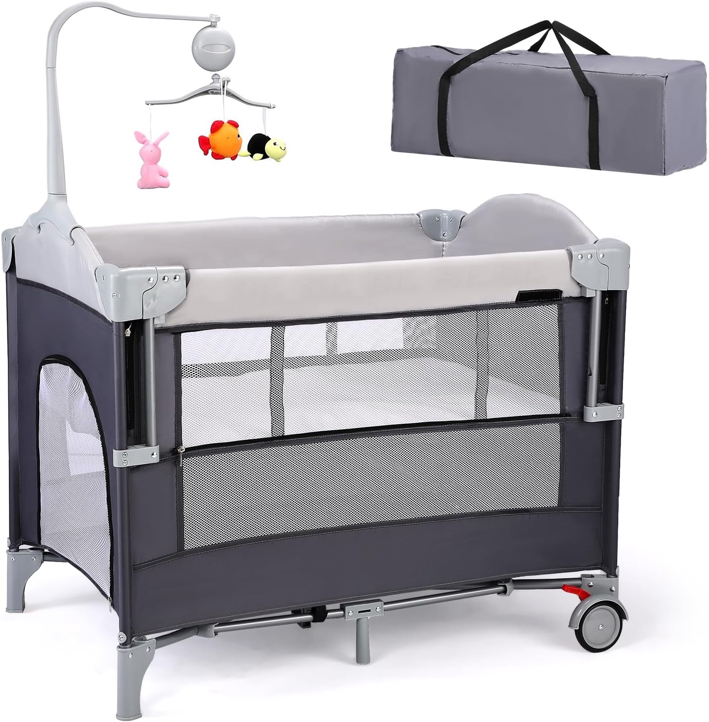 JOYMOR 4 in 1 Pack and Play, Baby Bedside Bassinet, Sturdy Play Yard with Padded Mat and Toy bar with Soft Toys