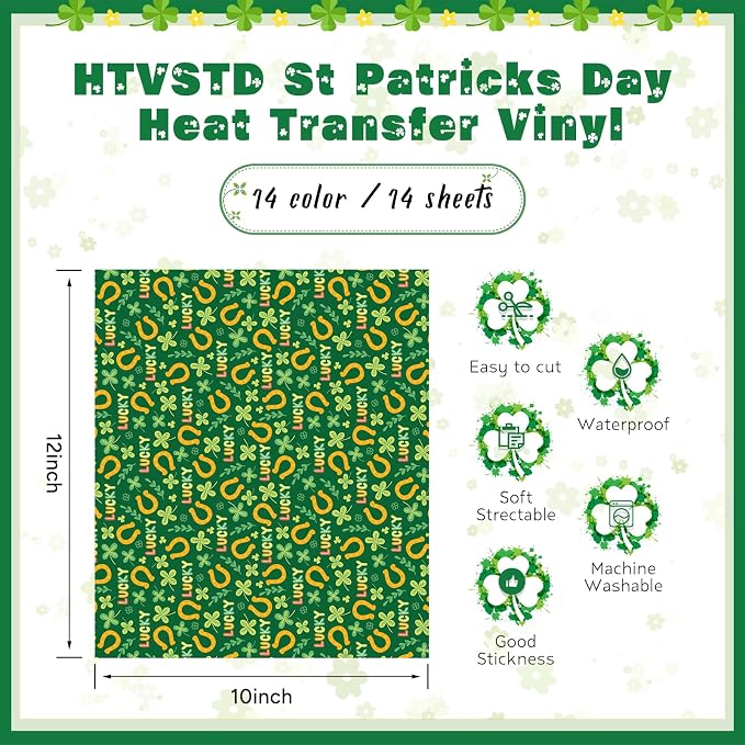 HTVSTD Four Leaf Clover Heat Transfer Vinyl 14pcs 12×10in Iron on Vinyl | St.