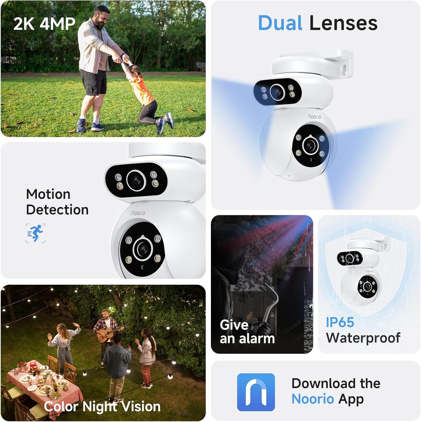 Noorio Dual Lens 2K Security Camera Outdoor, Outside Cameras for Home Security Plug-in, Auto Tracking 360° PTZ, Color Night Vision, 24/7 Recording, 2.4G WiFi Only