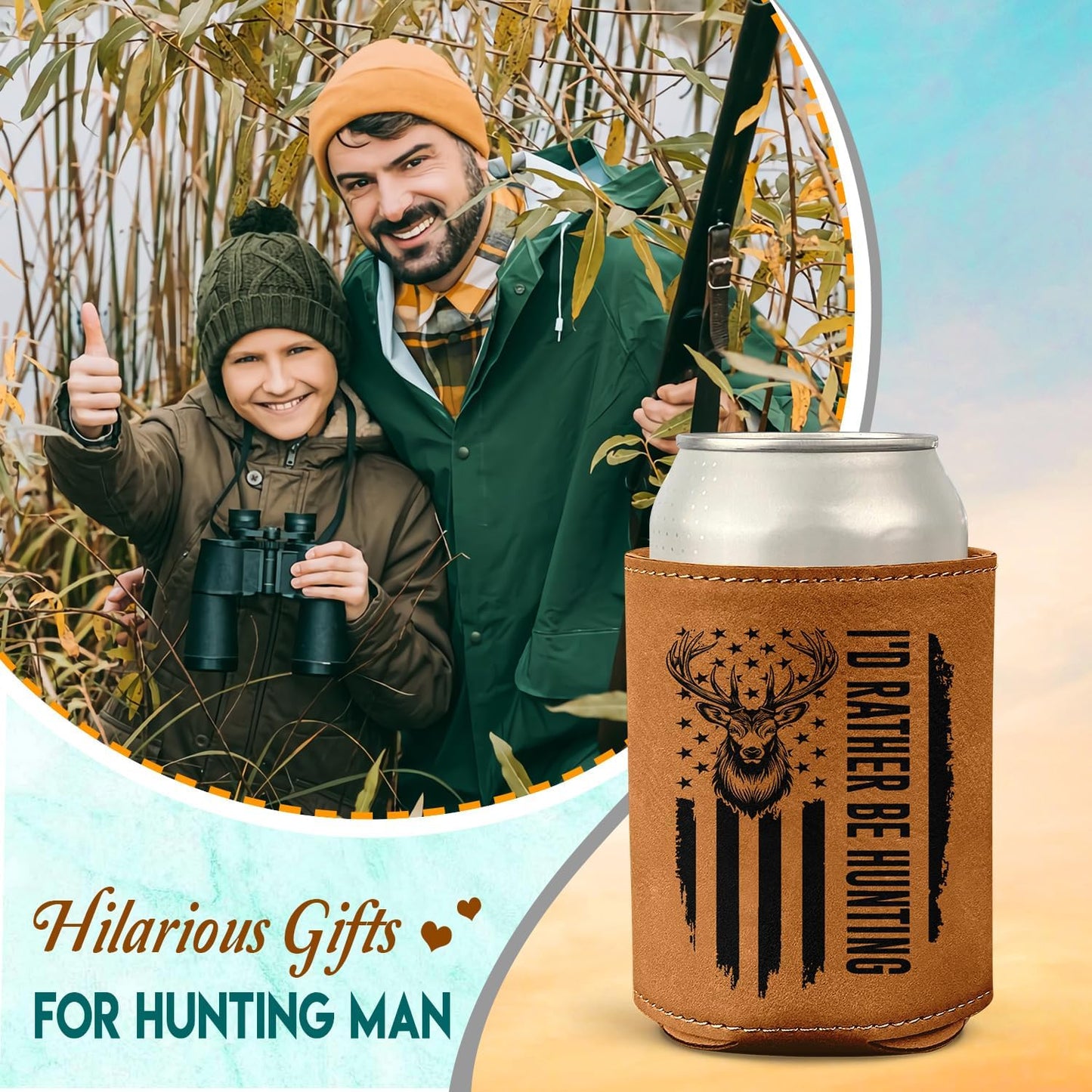 Hunting Gifts for Men – Leather Beer Can Cooler – Christmas, Birthday Gift for Hunters – Hunting Present for Dad, Husband, or Friend – Durable Collapsible Leather Can Holder