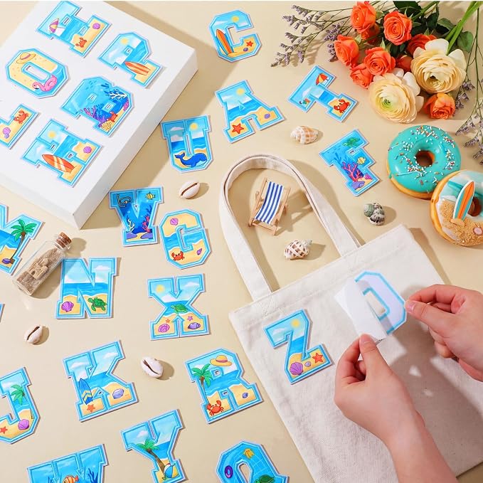 WILLBOND 52 Pcs Beach Alphabet Patches 2.8 Inch Self Adhesive Letter Patches