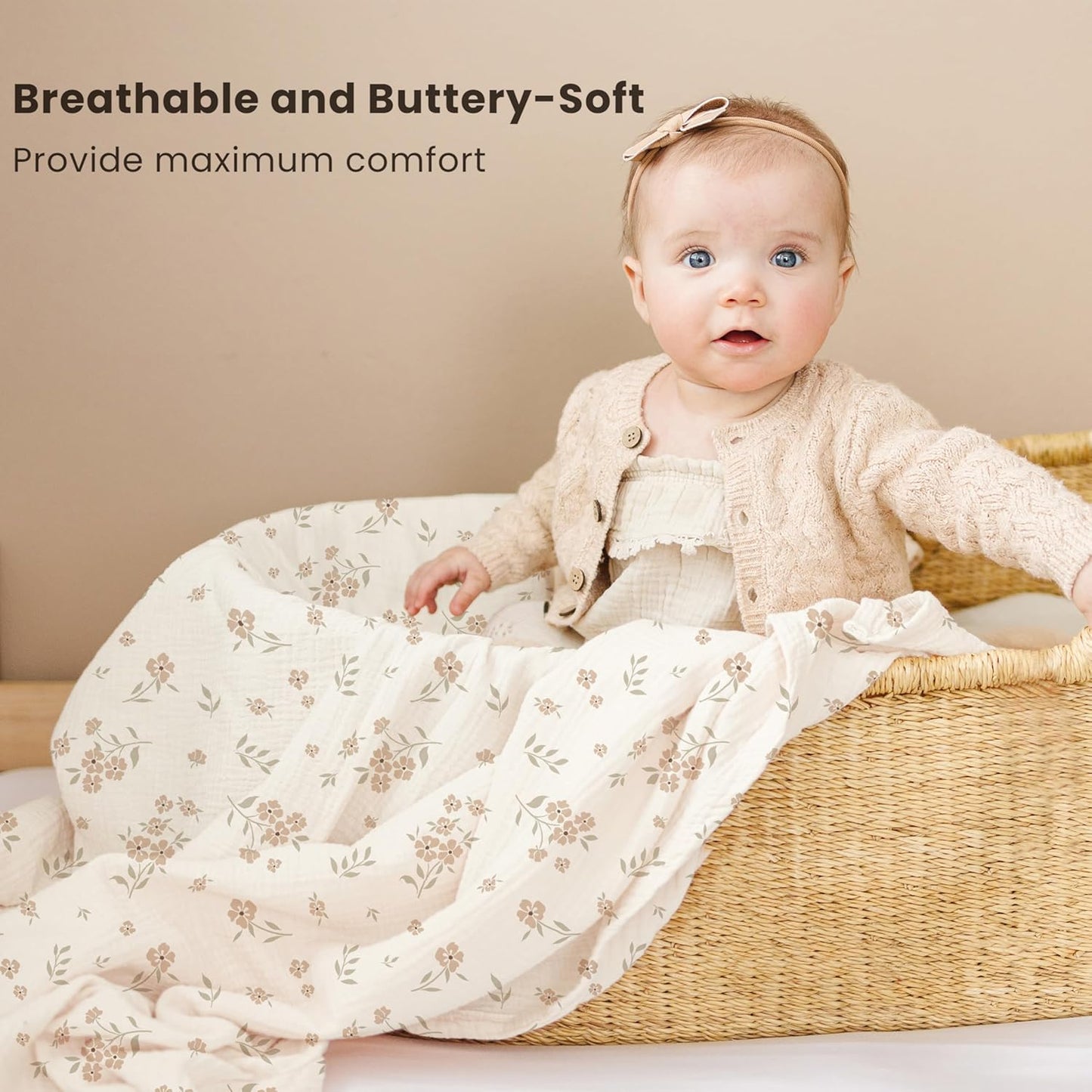 Konssy Muslin Swaddle Blankets for Baby Girls Boys, 3 Pack Receiving Blanket Large 47 x 47 inches, Soft Breathable Muslin Baby Blanket for Unisex Newborn (Peach Blossom Sun)