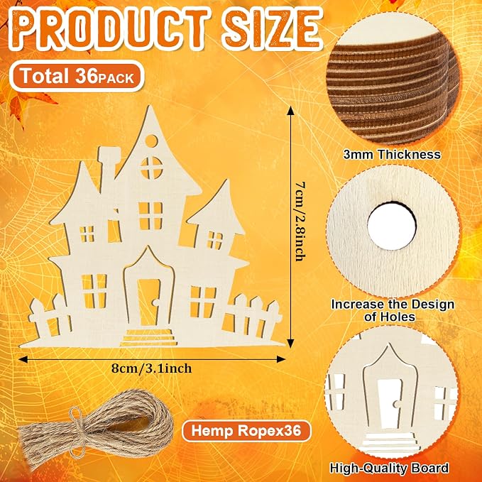 36PCS Wooden Halloween Ornaments to Paint Fall Decorations, 12 Styles DIY Blank