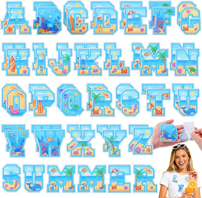 WILLBOND 52 Pcs Beach Alphabet Patches 2.8 Inch Self Adhesive Letter Patches