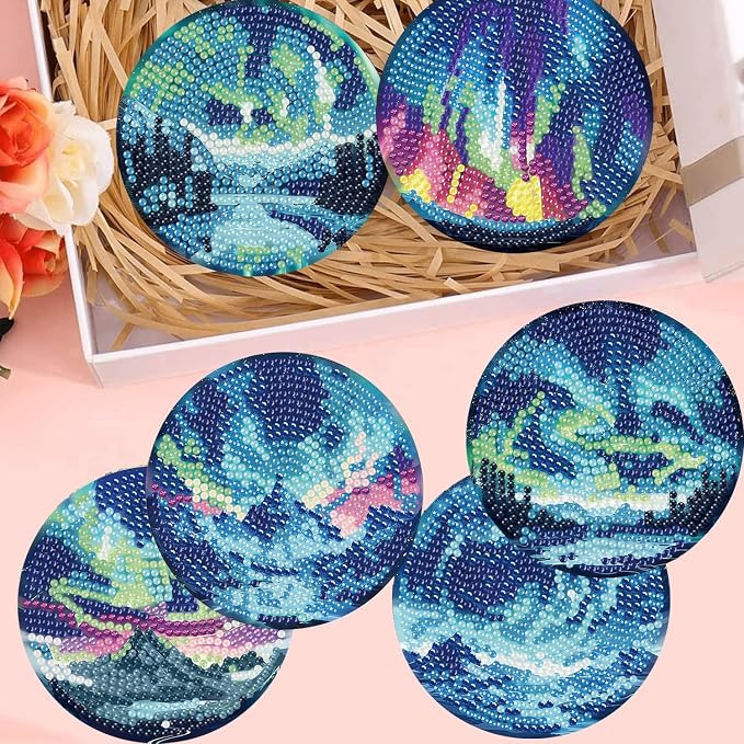 8 Pack Diamond Art Coasters, Northern Lights Diamond Painting Coasters Kits |