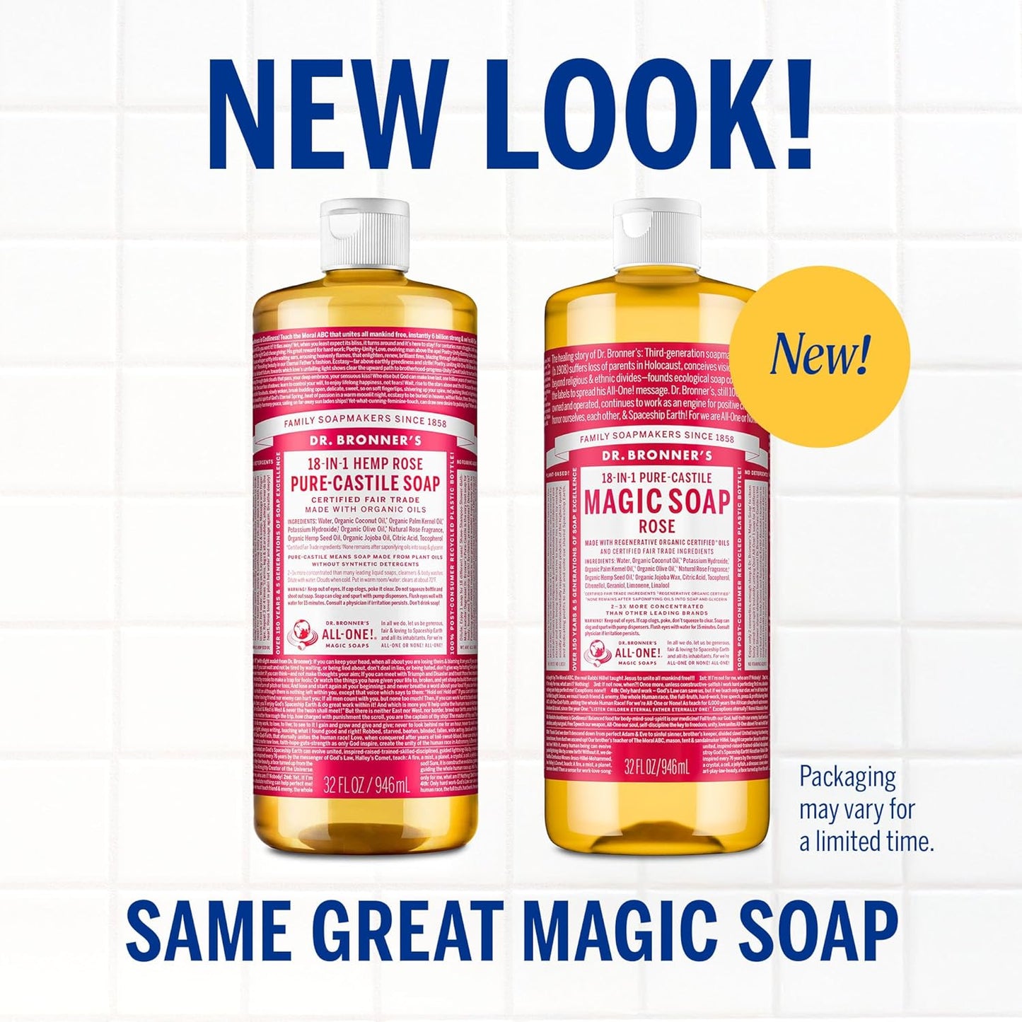 Dr. Bronner's Pure-Castile Magic Soap Liquid- Made with Regenerative Organic Certified Oils- For Body, Face, Hair, Dishes, Laundry, Vegan Bath Soaps for Men & Women, Non-GMO - Rose, 32oz + Refill