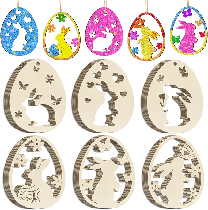 36PCS Wooden Easter Ornaments to Paint, 6 Styles DIY Blank Unfinished Wood Egg