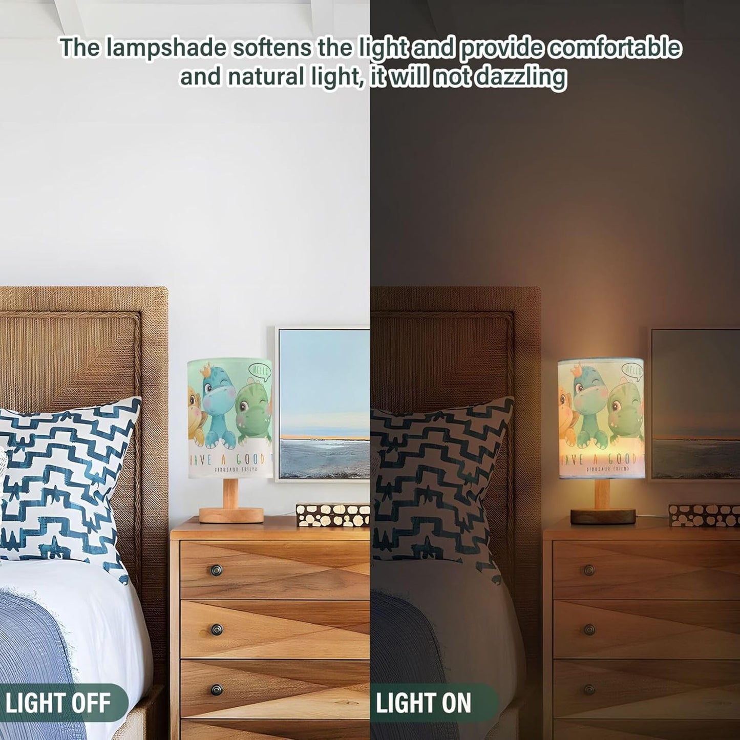 Table Lamp Watercolor Dinosaur Baby Pattern Nightstand Lamp with Wood Base Fabric Lamp Shade Bedside Desk Lamp for Living Room Bedroom Kids Room Office