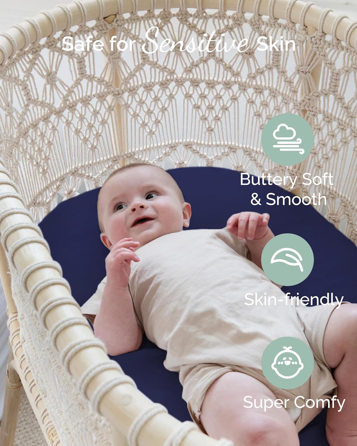 Bassinet Fitted Sheets for Chicco LullaGo Anywhere, Baby Bjorn Cradle and 14 x 29 Mattress Pad - Buttery Soft, Silky Comfort, Premium Stretchy Jersey Knit Sheets - Navy + Grey + Cloud, 3 Pack