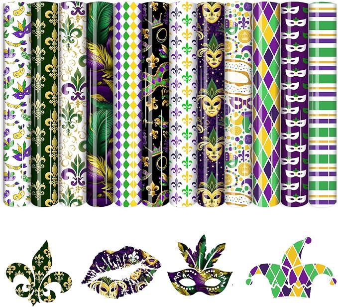 HTVSTD Mardi Gras Heat Transfer Vinyl 10Sheet 12×10in Iron on Vinyl |