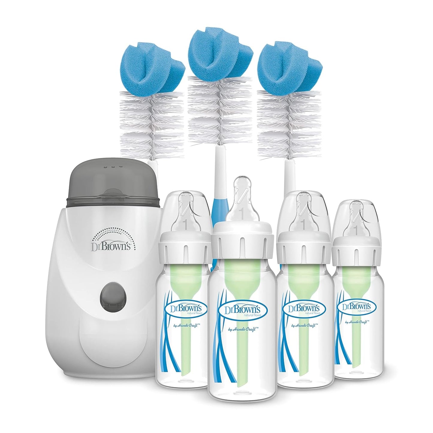 Dr. Brown’s Insta-Feed Bottle Warmer and Sterilizer with Anti-Colic Options+ Narrow Baby Bottles 4 oz, with Level 1 Slow Flow Nipple, 4 Pack, 0m+ and Bottle Cleaning Brush Set, Blue