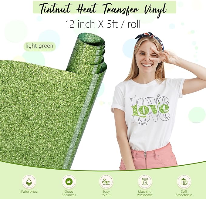 Tintnut Light Green Glitter Heat Transfer Vinyl Roll, easy cut & weed, stretch