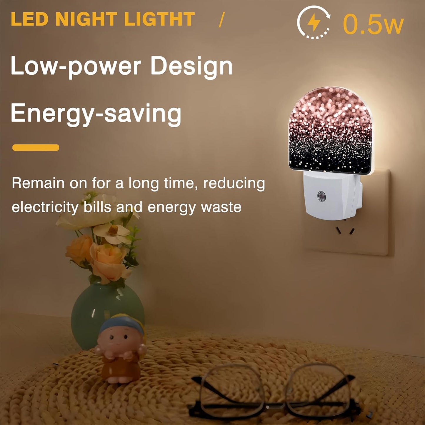 Night Lights Plug into Wall Rose Gold Glitter Night Light Dusk to Dawn Smart Sensor Decorative Round Led Lamp for Bedroom Kitchen Hallway Nightlight for Women Men