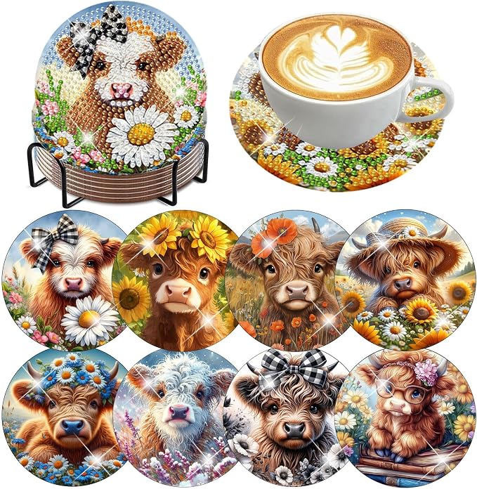 8 Pack Diamond Art Coasters, Highland Cow Diamond Painting Coasters Kits | Cow