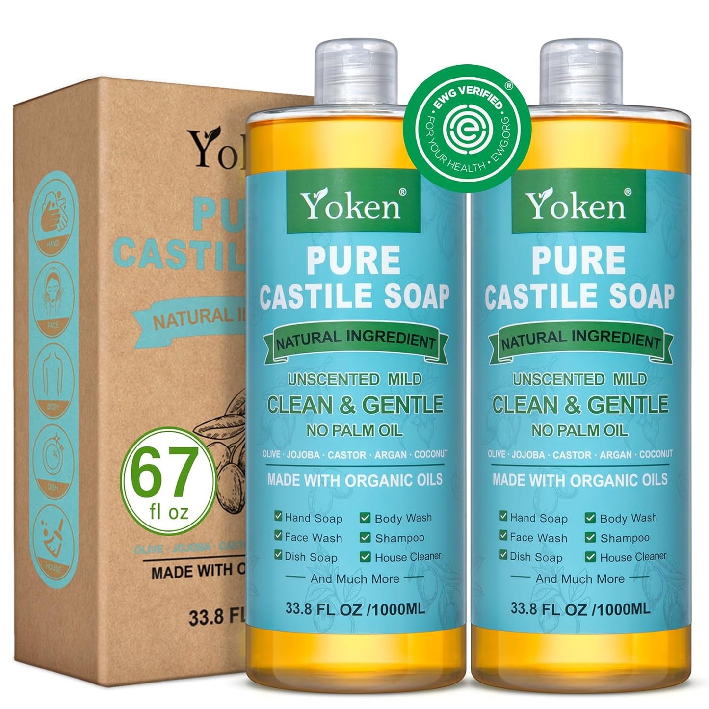 Pure Castile Soap Liquid Unscented 67 fl oz Castile Liquid Soap Made With Organic Oil, Clean & Gentle, No Palm Oil, Vegan, Natural Castille soaps for Face Body Hand Wash, Dishes Multi-purpose