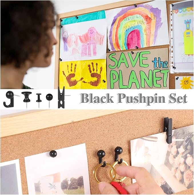 BESARME 200 Pcs Push Pins for Bulletin Board, Thumb Tacks for Cork Board | Black