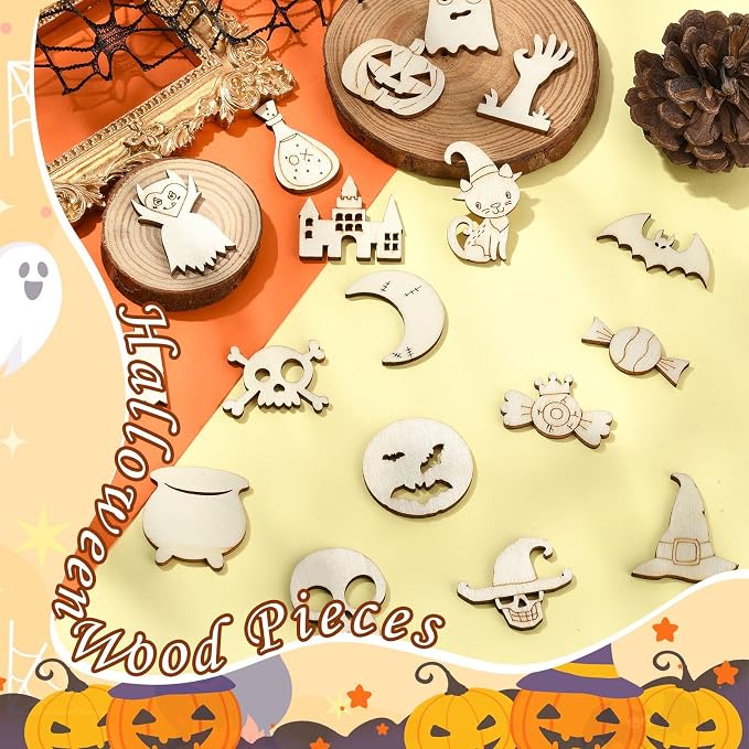 200 Pcs Unfinished Wooden Halloween Cutouts, Wooden Crafts