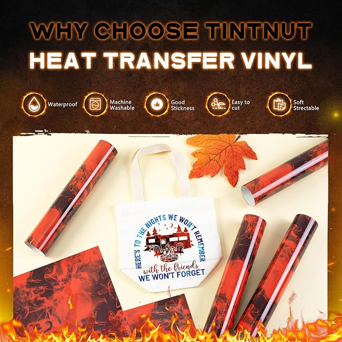 Tintnut Red Black Flame Heat Transfer Vinyl, stretch washable, suitable