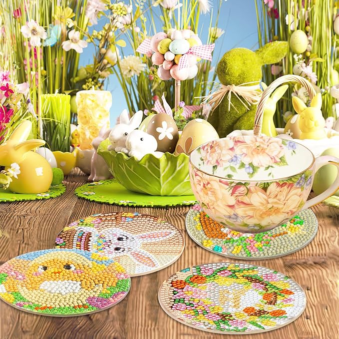 UPINS 8 Pieces Easter Diamond Art Coasters, Bunnies Diamond Art Coaster