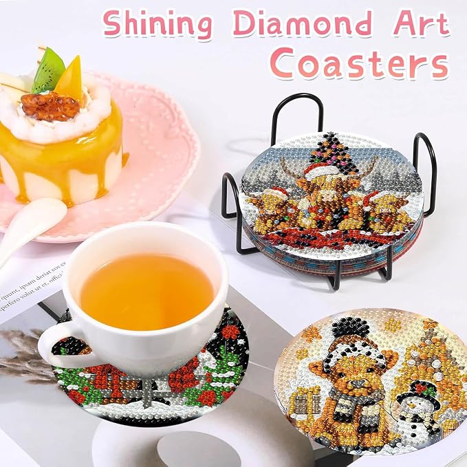 8 PCS Christmas Diamond Art Coasters Kits Highland Cows Coaster Kits | Diamond