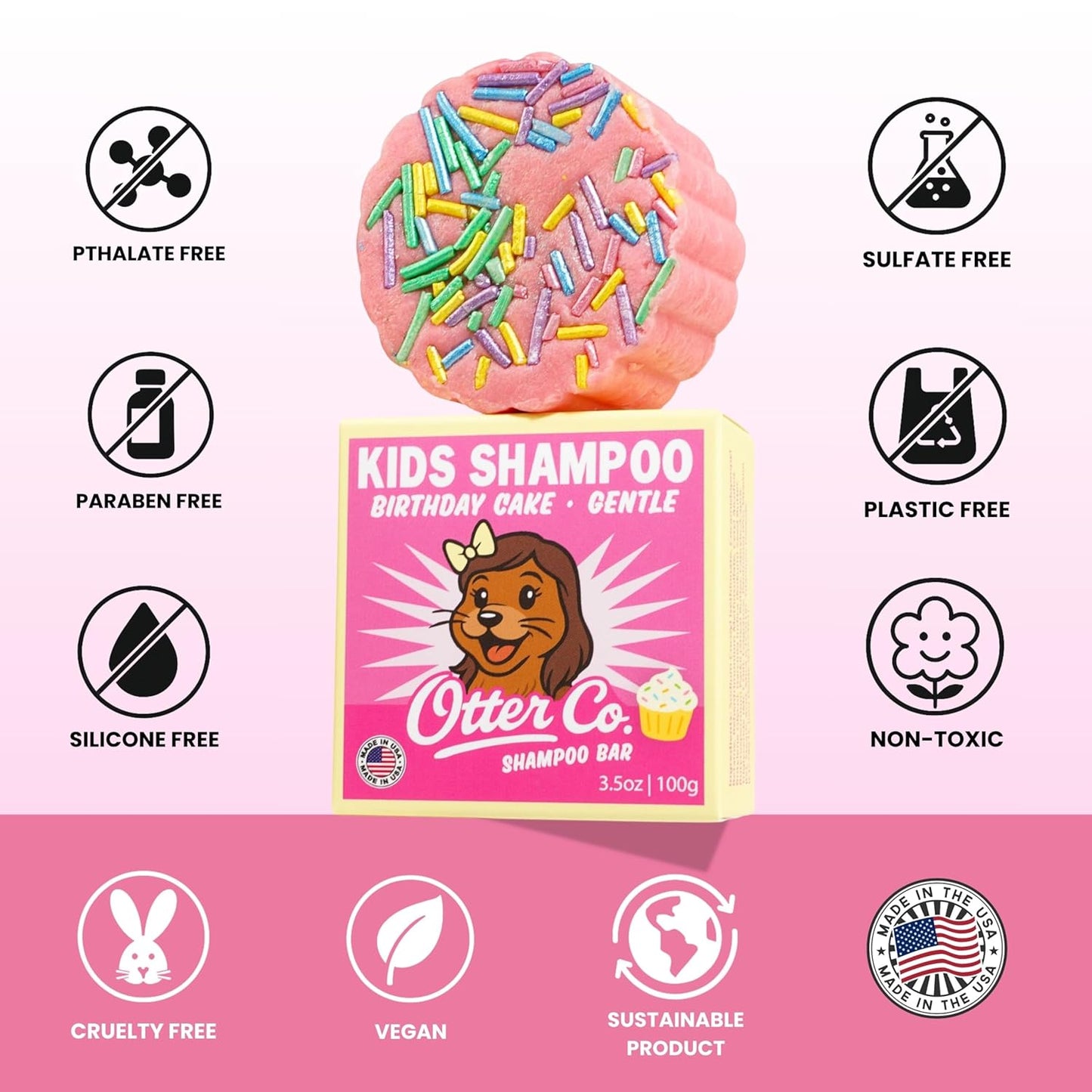 Otter co. Kids Gentle Birthday Cake Shampoo Bar – Tear Free Toddler Shampoo – Sulfate Free & Non Toxic – Made with Organic Ingredients, Vegan, Cruelty Free, Natural & Hydrating for All Hair, USA Made