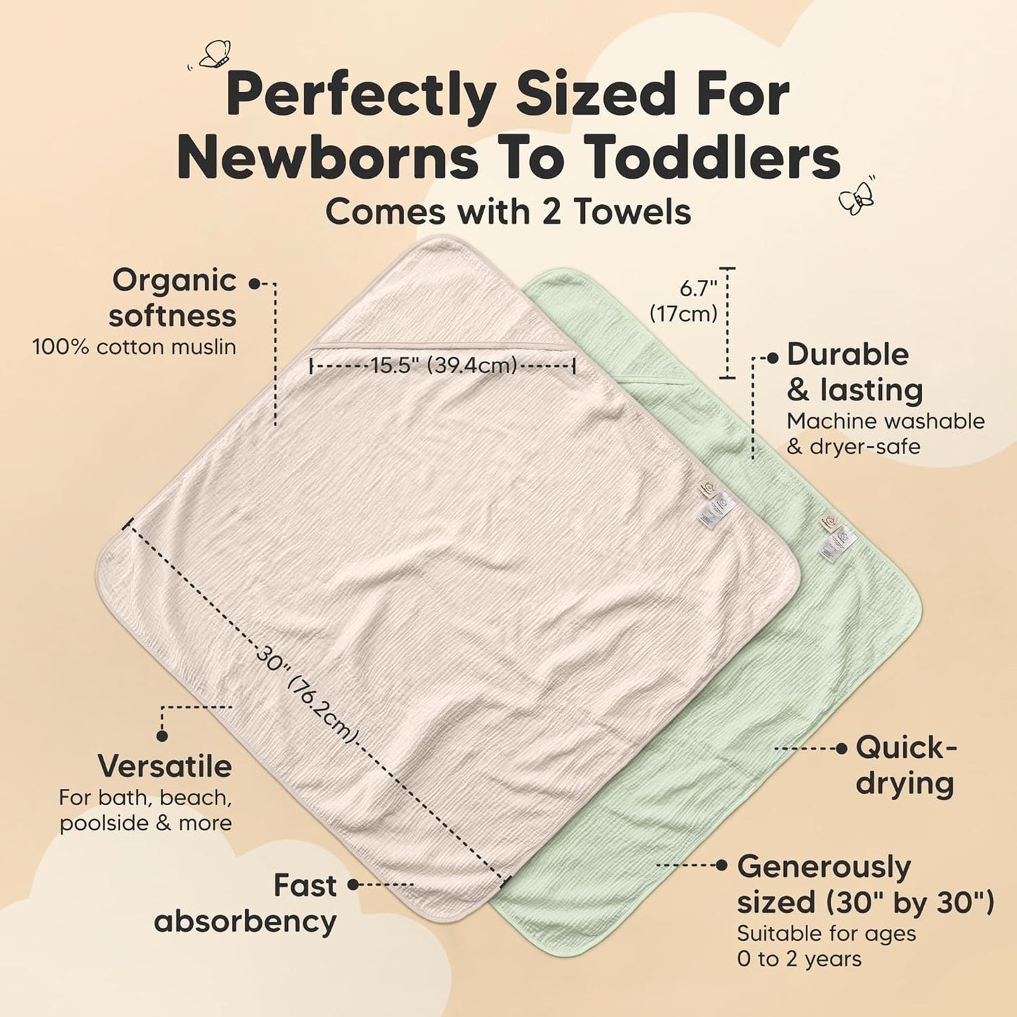 KeaBabies Muslin Hooded Baby Towels for Newborn Girls, Boys - 2-Pack, 30x30 Organic Cotton Baby Bath Towels Hooded, Soft Absorbent, Toddlers, Kids, Infant, Newborn Bath Essentials (Sage, Petite)