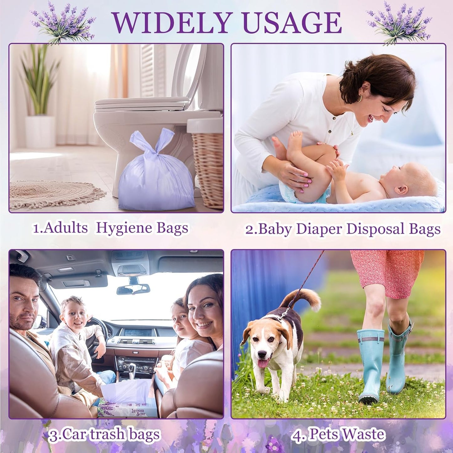200 Pcs 17.7 x 9.8 in Lavender Scented Hygiene Bags Discreet Waste Disposal for Feminine Products, Diaper Disposal or Pet Waste Sacks with Easy-to-tie Tabs