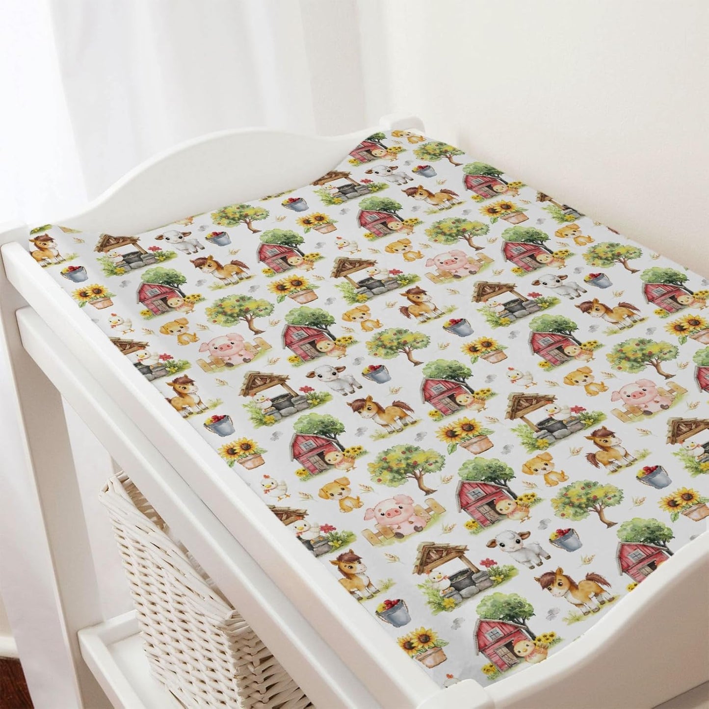 Cute Farm Animals Baby Changing Pad Covers for Boy Girl 32''x16'' Farm Chicken Lamb Pig Dog Horse Barn Sunflower Fitted Diaper Changing Table Sheets Spring Farm Life Soft Breathable Change Table Mats