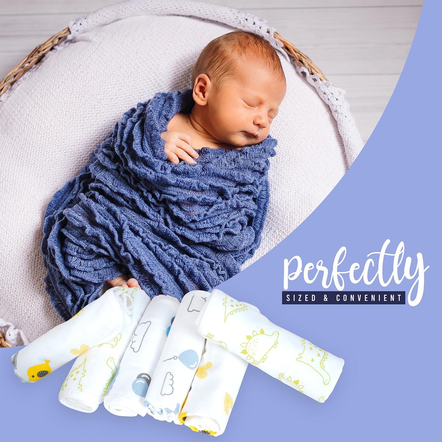 T 100% Organic Muslin Cotton Baby Washcloths - GOTS Certified - complies with CPC - Pack of 6 (White Base, Sea2Sky)