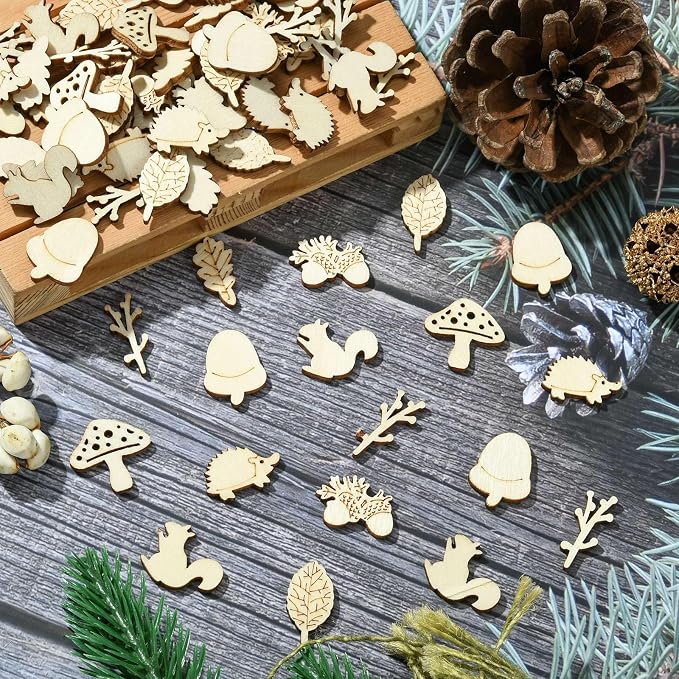 200 Pcs Unfinished Wooden Animal Plants Cutouts Squirrel Hedgehog Leaf Shapes
