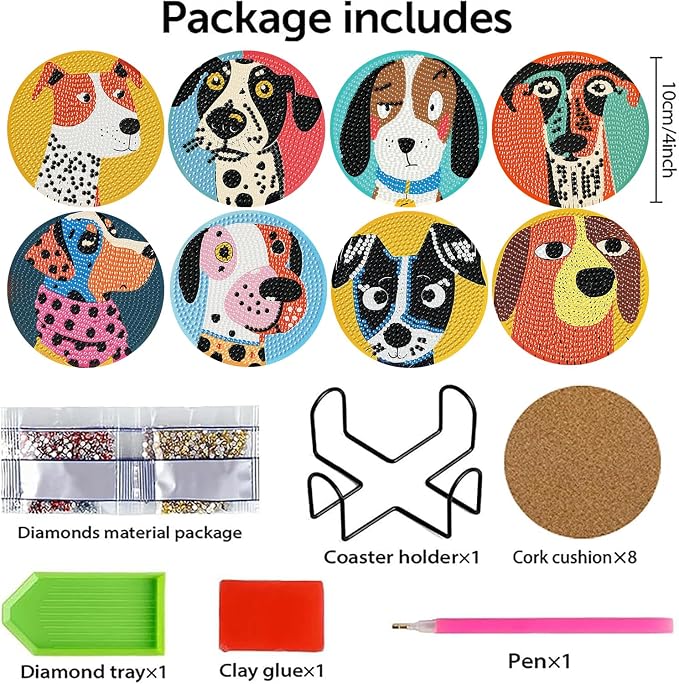 Benjenes 8 PCS Diamond Art Coasters Kits Dog Diamond Painting Coaster | Diamond