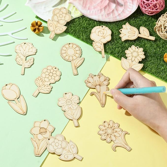 48 Pcs Unfinished Wood Flower Cutouts