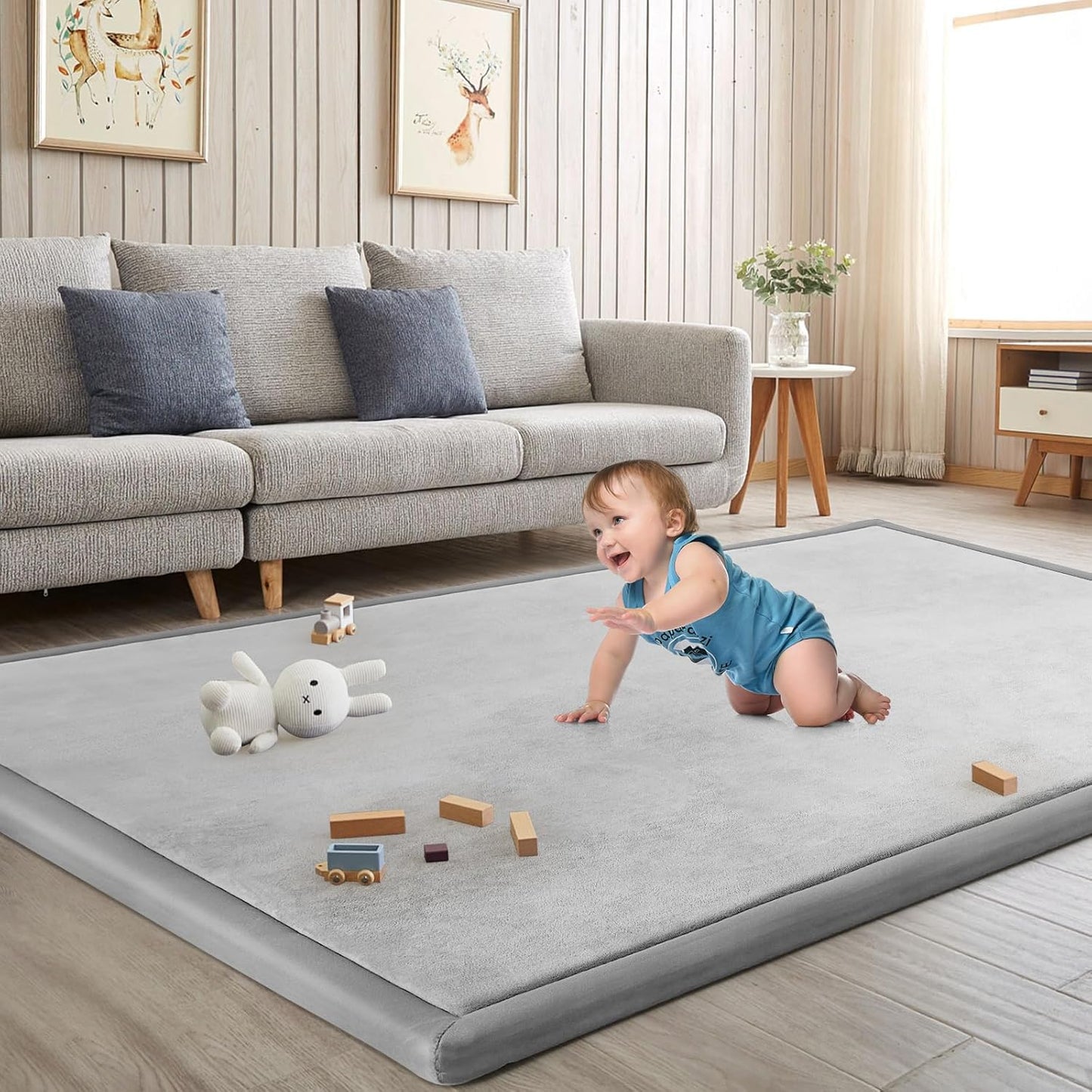 Baby Play Mat for Floor Tummy Time Mat Nursery Muscle Area Rug Playroom Rug Tatami 65"*50" Memory Foam 1.3" Thick Crawling For Babies,Toddlers, Infants, Kids,Floor(Light Gray)