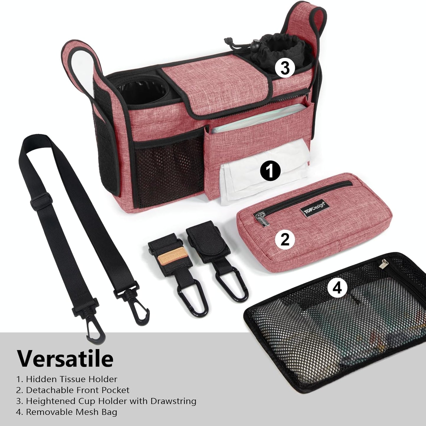 TOPDesign Universal Baby Stroller Organizer, Stroller Caddy with Detachable Mesh Bag & Heightened Insulated Cup Holders & Non-Slip Secure Hooks Accessories, Fits Most Strollers (Red)